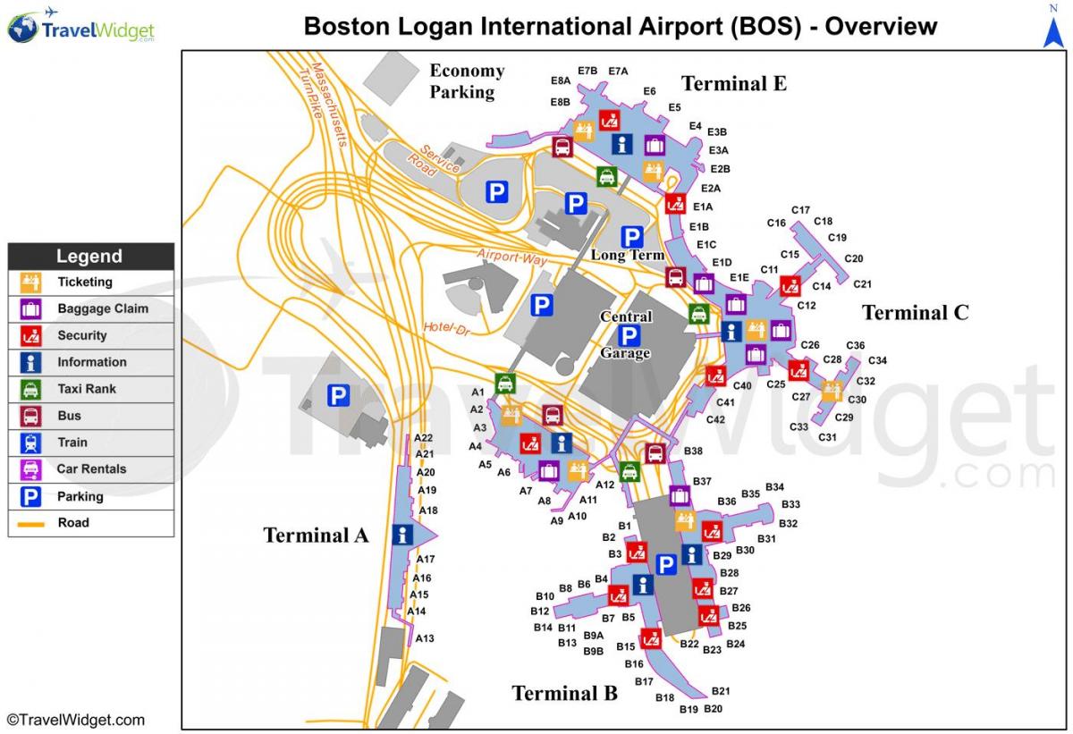 žemėlapis iš Bostono oro uosto