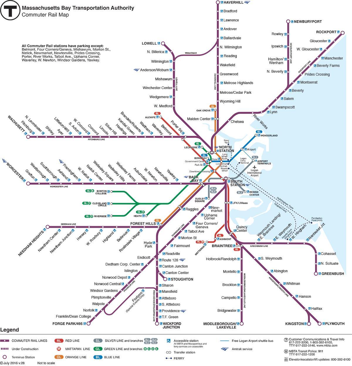 priemiestinių geležinkelių žemėlapis Boston